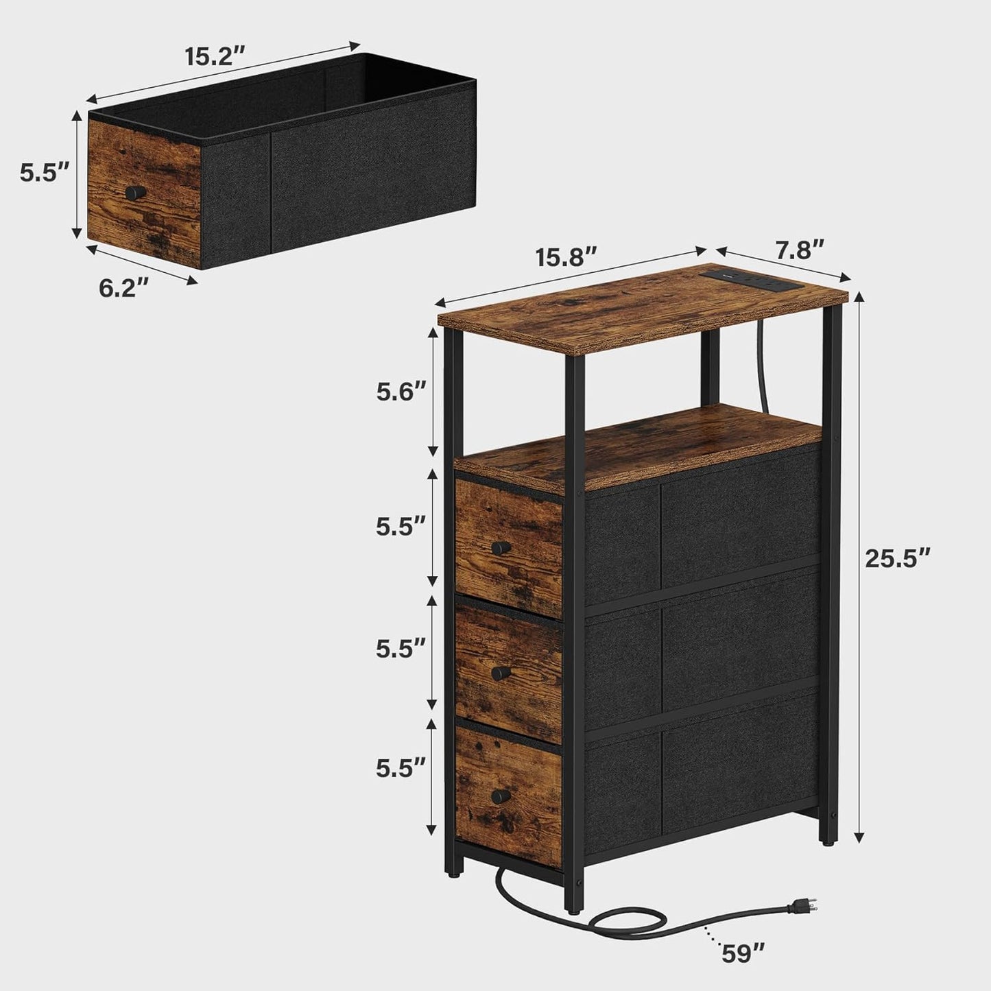 TUTOTAK Narrow LED Night Stand with Charging Station, Slim End Table with Plugins, Tall Side Table