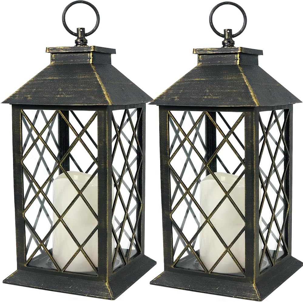 Bright Zeal 2-Pack 13.5" Vintage Candle Lantern with LED Candle (Distressed Gold, 6hr Timer) - IP44
