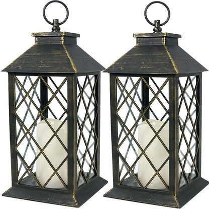 Bright Zeal 2-Pack 13.5" Vintage Candle Lantern with LED Candle (Distressed Gold, 6hr Timer) - IP44