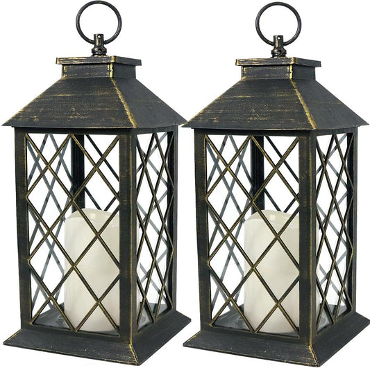 Bright Zeal 2-Pack 13.5" Vintage Candle Lantern with LED Candle (Distressed Gold, 6hr Timer) - IP44