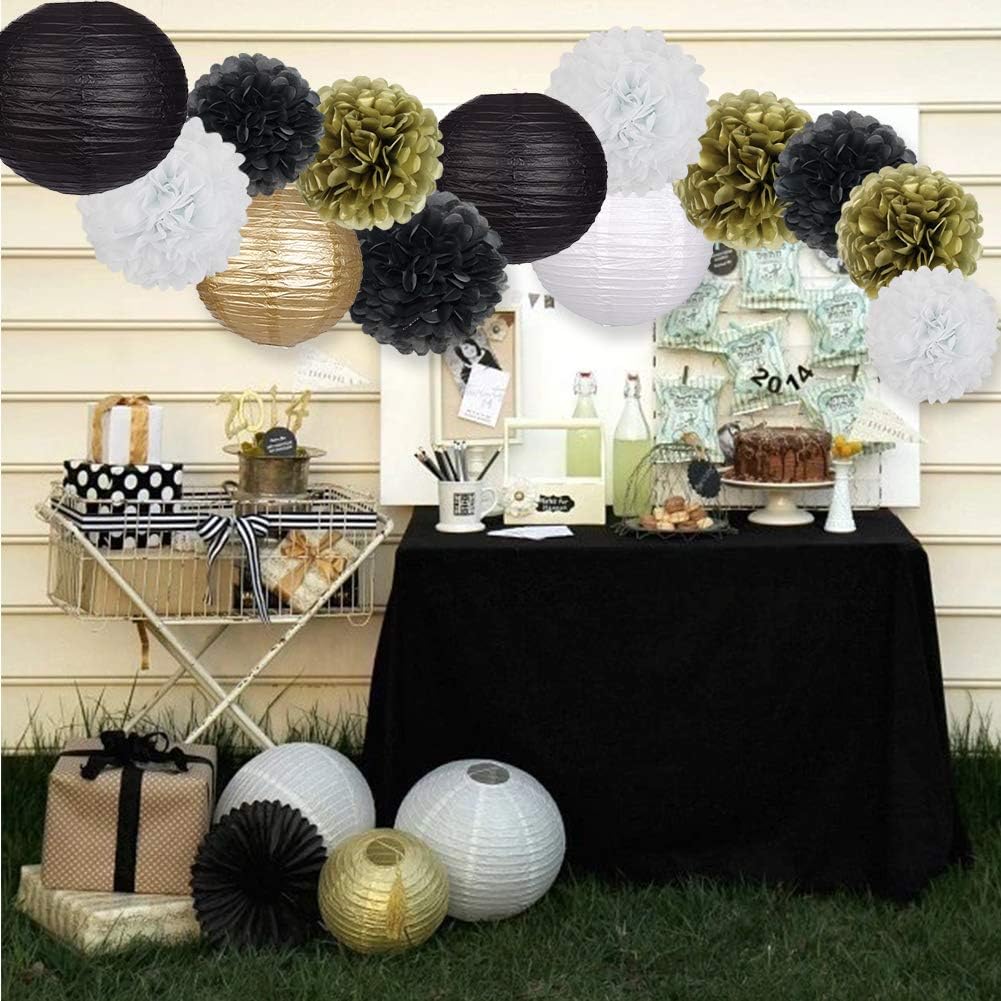 Black Gold Party Decorations, Black Gold Paper Lanterns and Pom Poms Flowers for Birthday Party