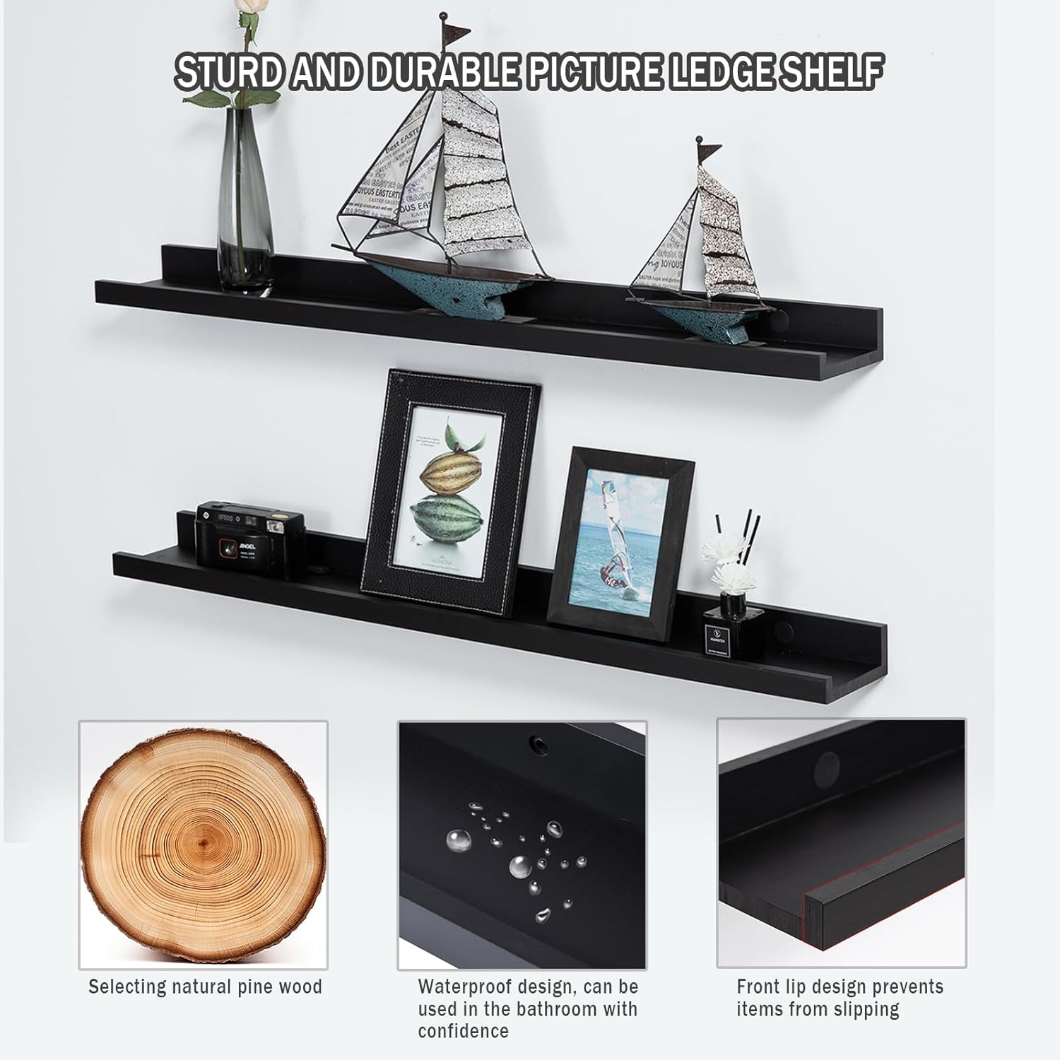 Black Floating Shelves for Wall 24 Inch Wall Shelves with Lip Modern Picture Ledge Shelf Wall Mount