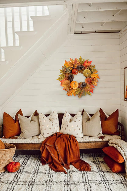 Fall Wreaths for Front Door 16'' Autumn Velvet Pumpkin Wreath with Metal Hook Harvest Maple Wreath