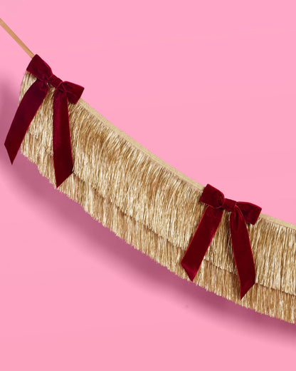 xo, Fetti Gold Fringe + Red Velvet Bow Banner 6 Ft. | Bachelorette Decoration, Christmas Party
