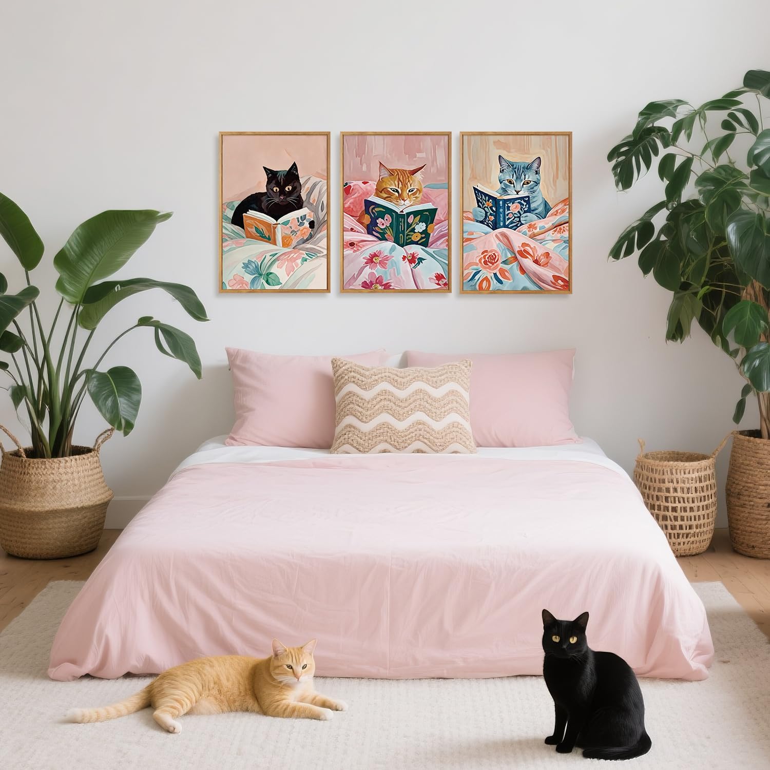 HPNIUB Framed Vintage Black Cats Canvas Wall Art, Funny Animal Reading Books Poster Printing