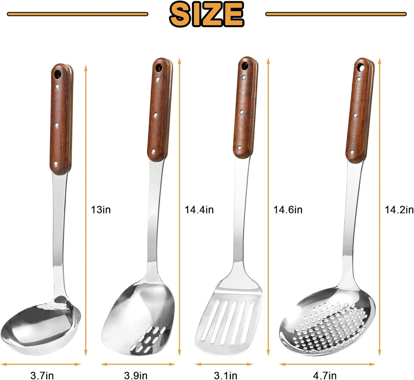 FJNATINH Stainless Steel Wok Spatula,Slotted Spatulas,Ladle,Skimmer Ladle Tool Set,Mirror Polished
