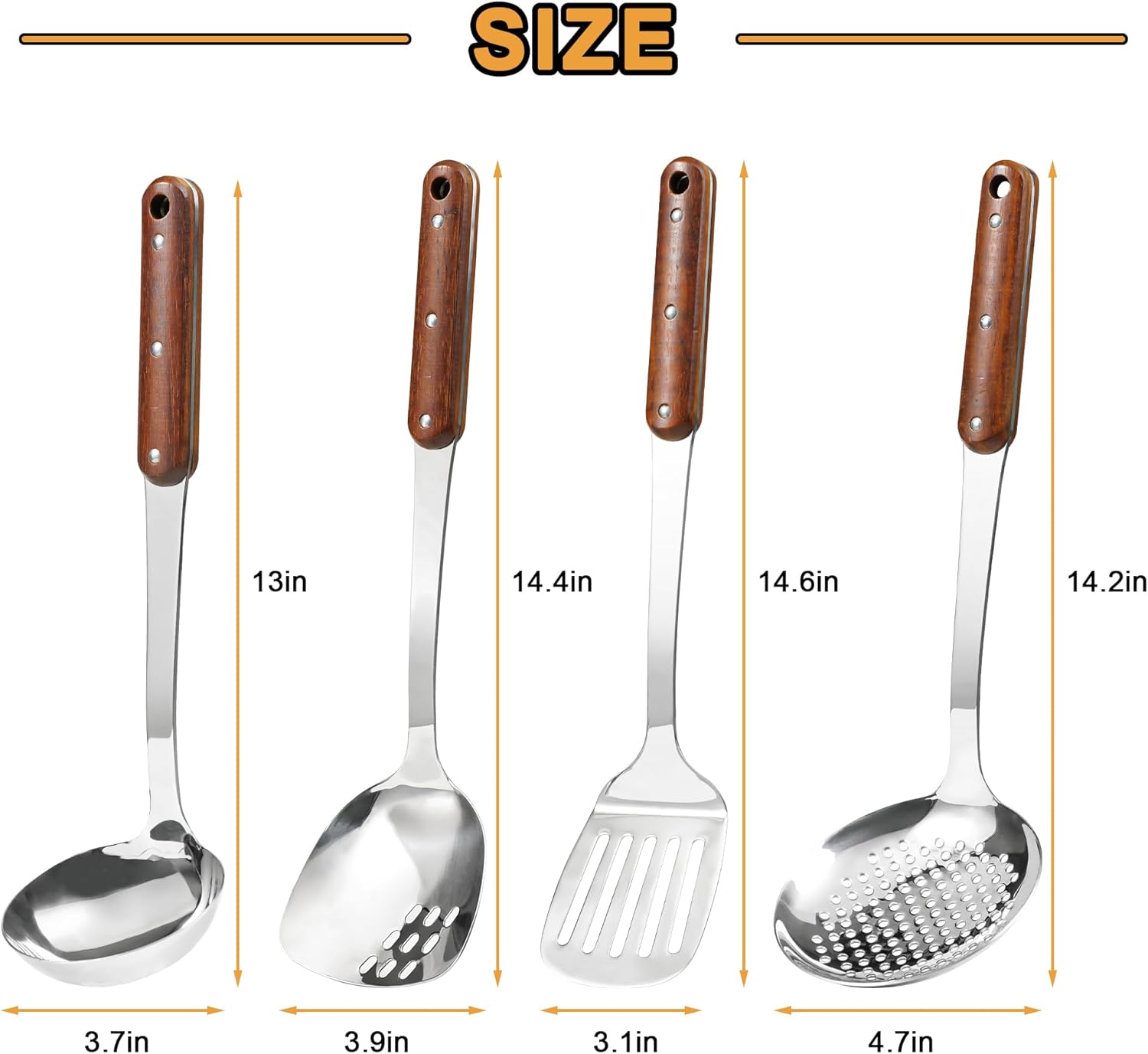 FJNATINH Stainless Steel Wok Spatula,Slotted Spatulas,Ladle,Skimmer Ladle Tool Set,Mirror Polished