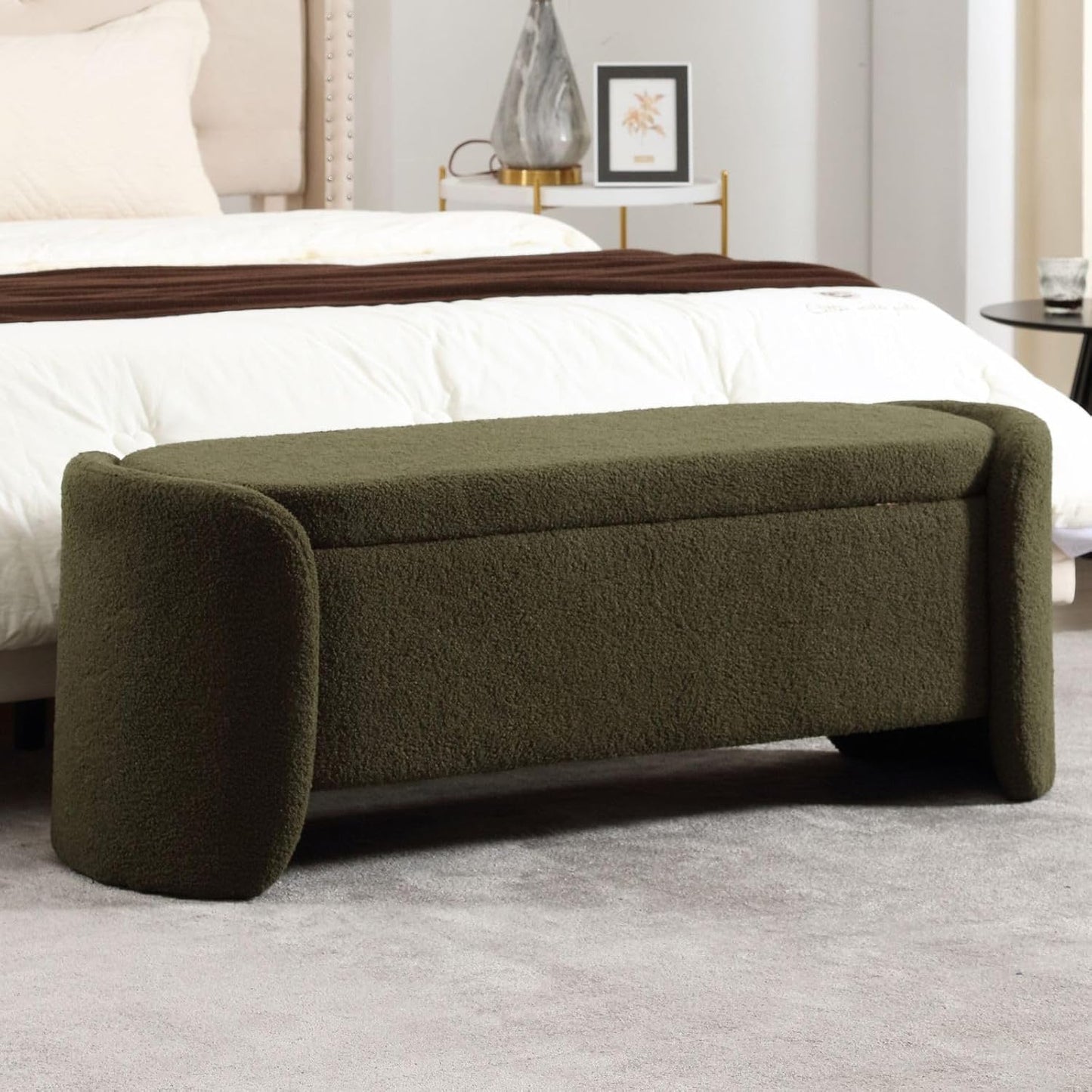 ROCTY Green Boucle Storage Bench - 50" Sherpa End of Bed Ottoman with Seating and Storage for