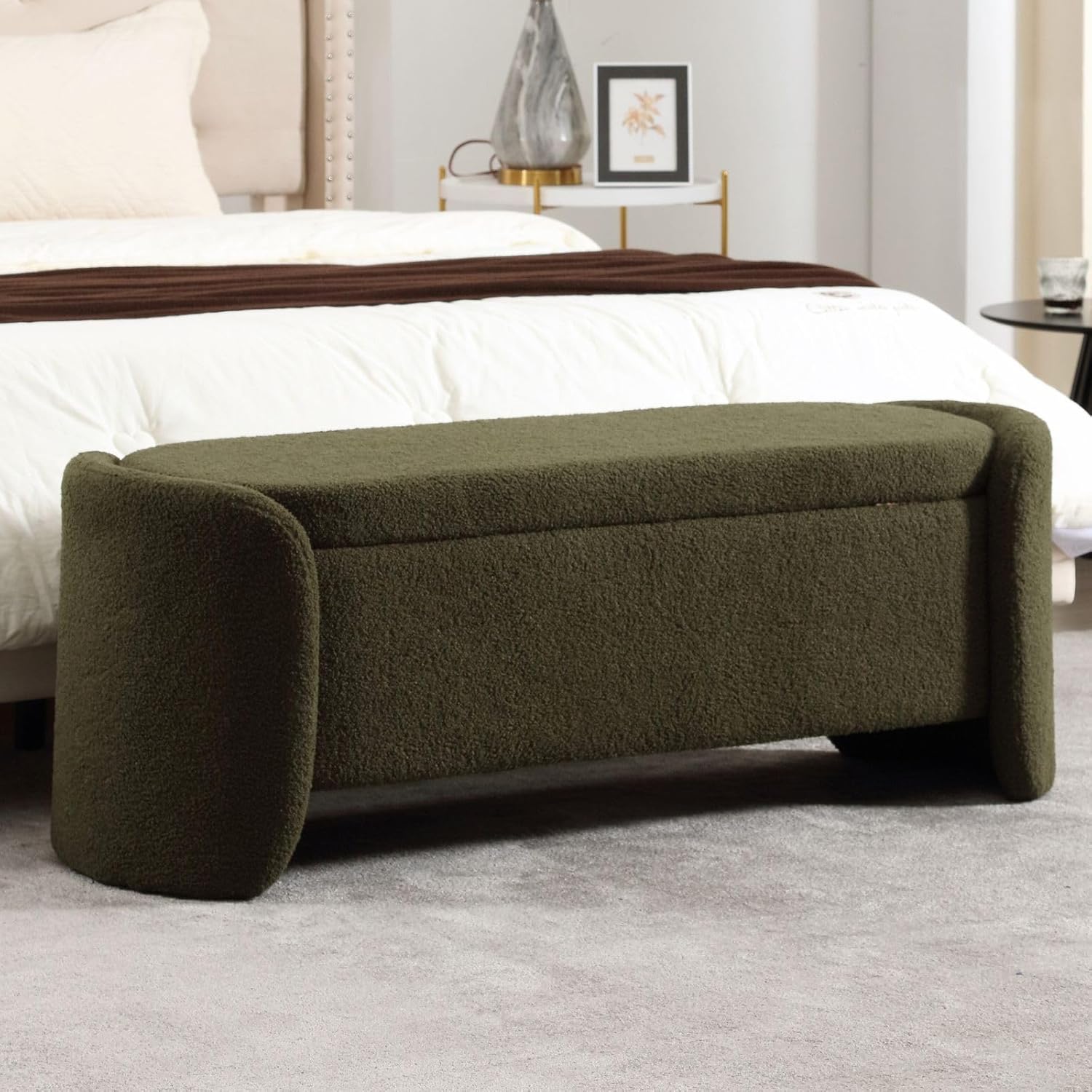 ROCTY Green Boucle Storage Bench - 50" Sherpa End of Bed Ottoman with Seating and Storage for