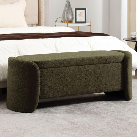 ROCTY Green Boucle Storage Bench - 50" Sherpa End of Bed Ottoman with Seating and Storage for