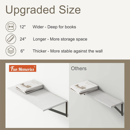 Deep Floating Shelves, 12 Inch Deep Floating Shelves for Wall, 24"W x 12"D Wall Shelves for Books