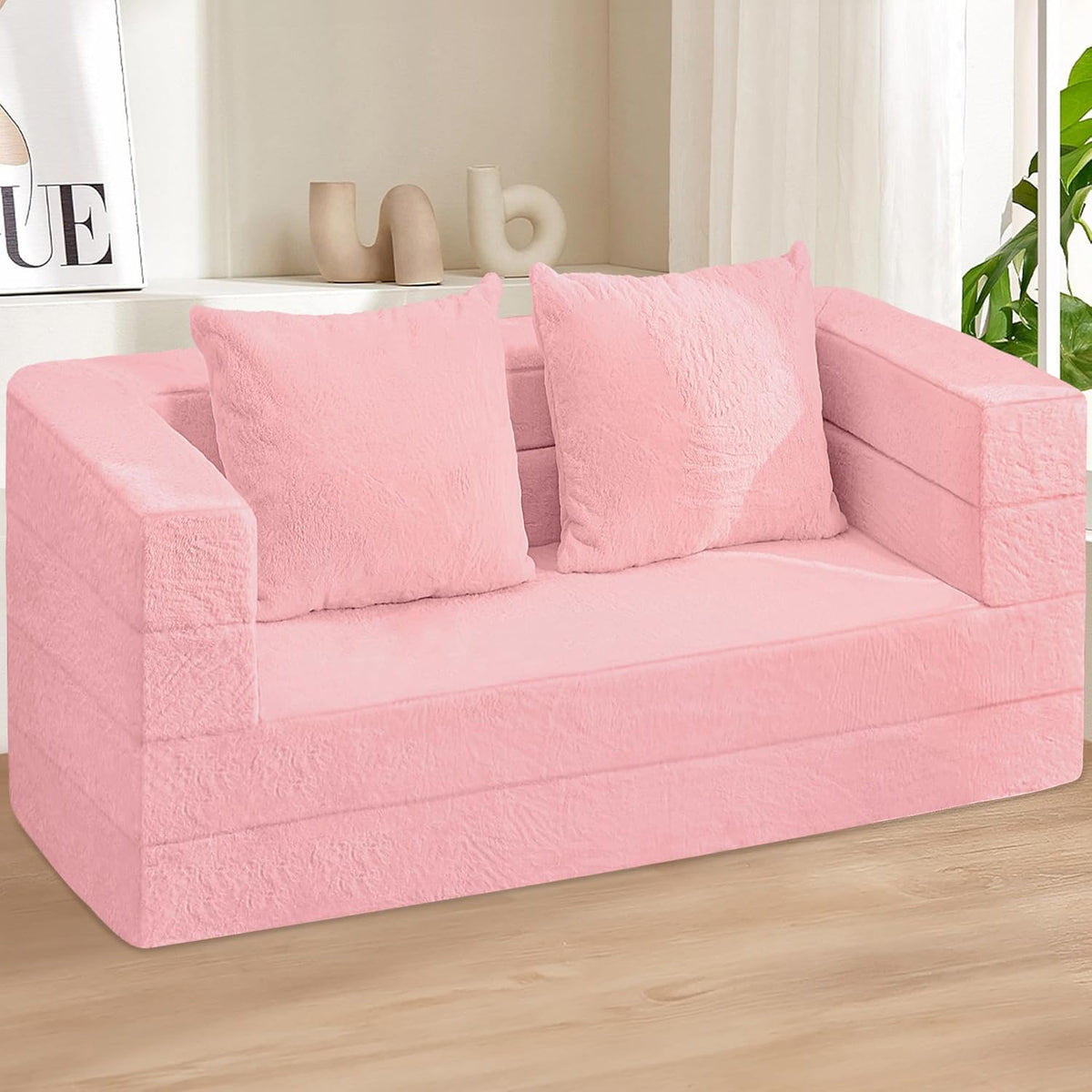 Folding Bean Bag Chair for Adults,3-in-1 Bean Bag Couch Faux Fur Floor Sofa Large Beanbag