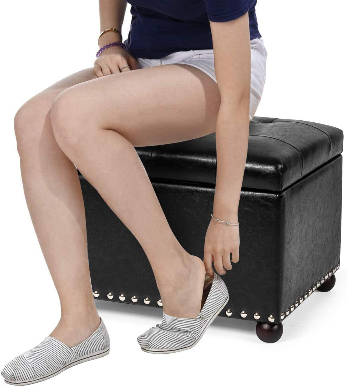 Joveco Leather Storage Ottoman, 24" Rectangle Tufted Foot Rest Stool, for Living Room Bedroom
