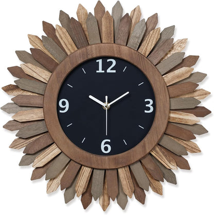 Honiway 16 Inch Wall Clocks, Rustic Wood Boho Sunburst Decorative Wall Clock Battery Operated
