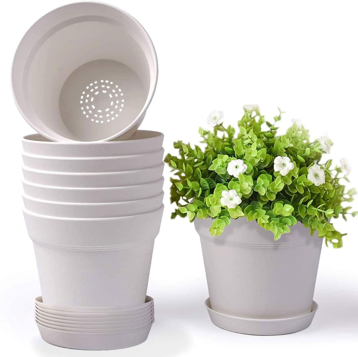 homenote Pots for Plants, 8 Pcs 7.5 Inch Plastic Planters with Multiple Drainage Holes and Tray