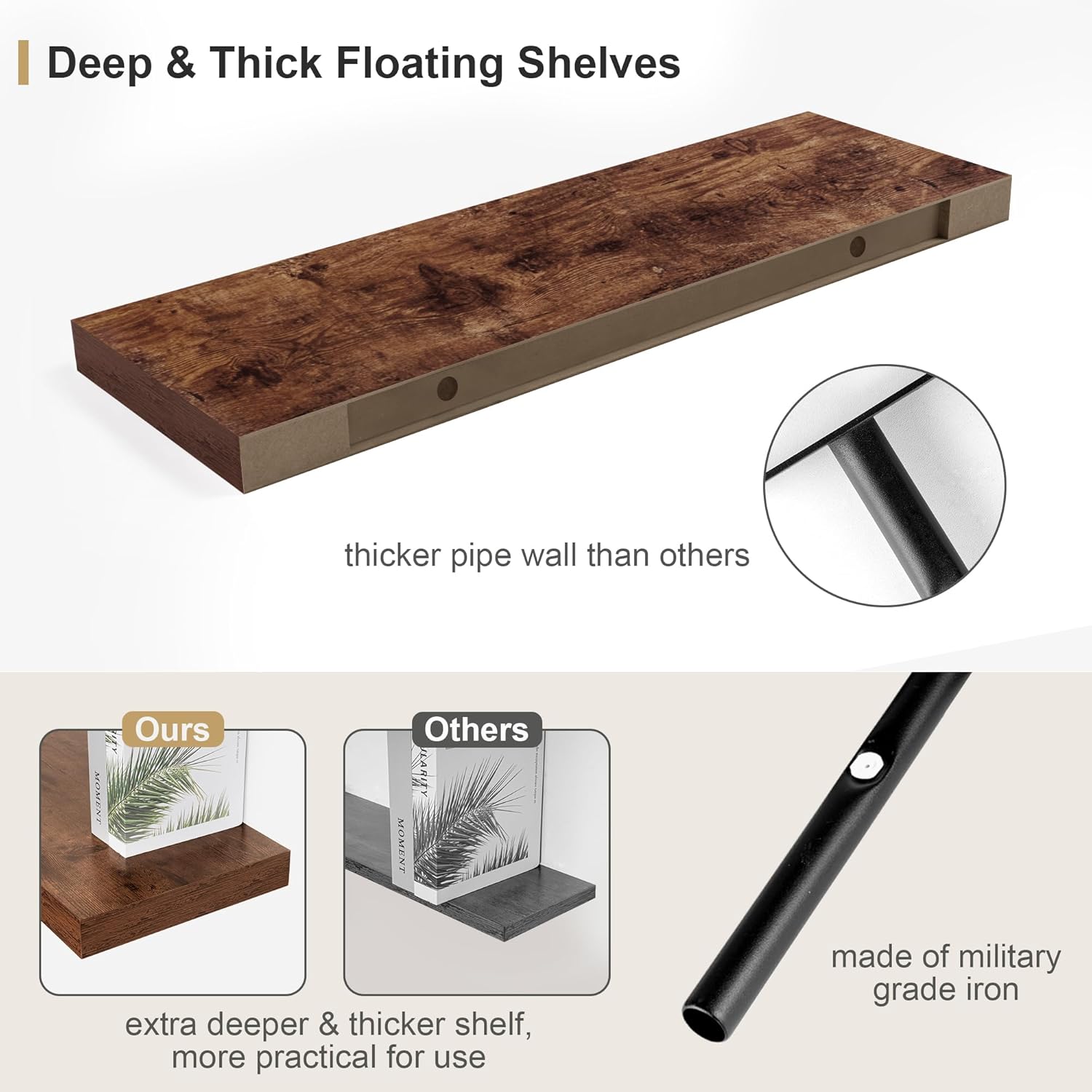 12" Deep Rustic Brown Floating Shelves,Over Toilet Long Wall Mounted Modern Farmhouse 36