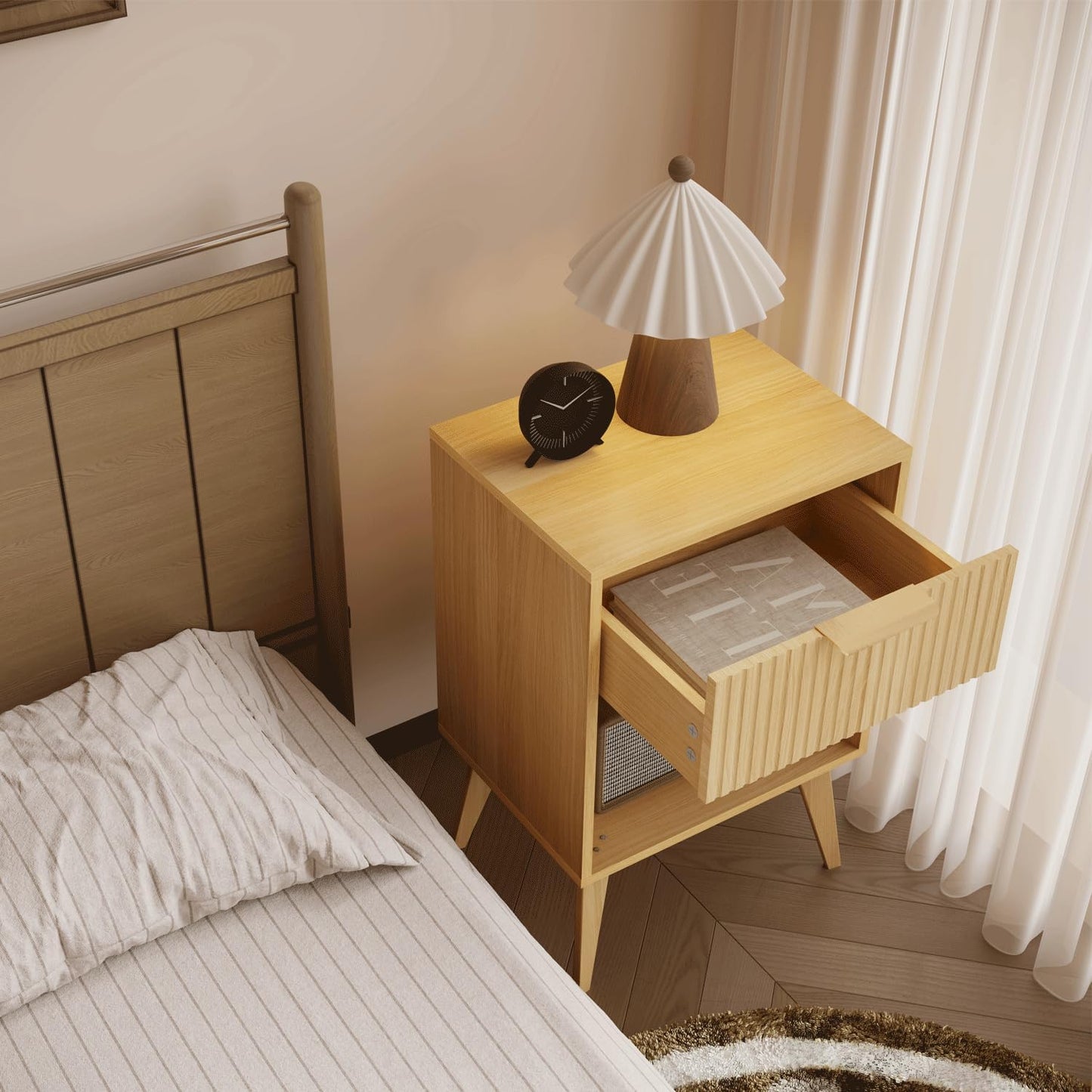 Fluted Night Stand with Opening Storage,Mid Century Bedside Table with Drawer,Wood Nightstand with
