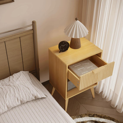 Fluted Night Stand with Opening Storage,Mid Century Bedside Table with Drawer,Wood Nightstand with