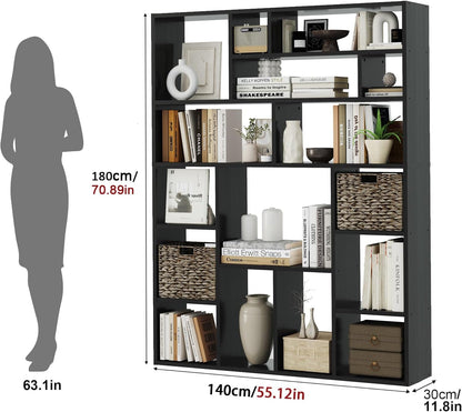 71” Tall Open Black Bookcase with Baskets, Free-Standing 6-Tier Wooden Display Storage Bookshelves