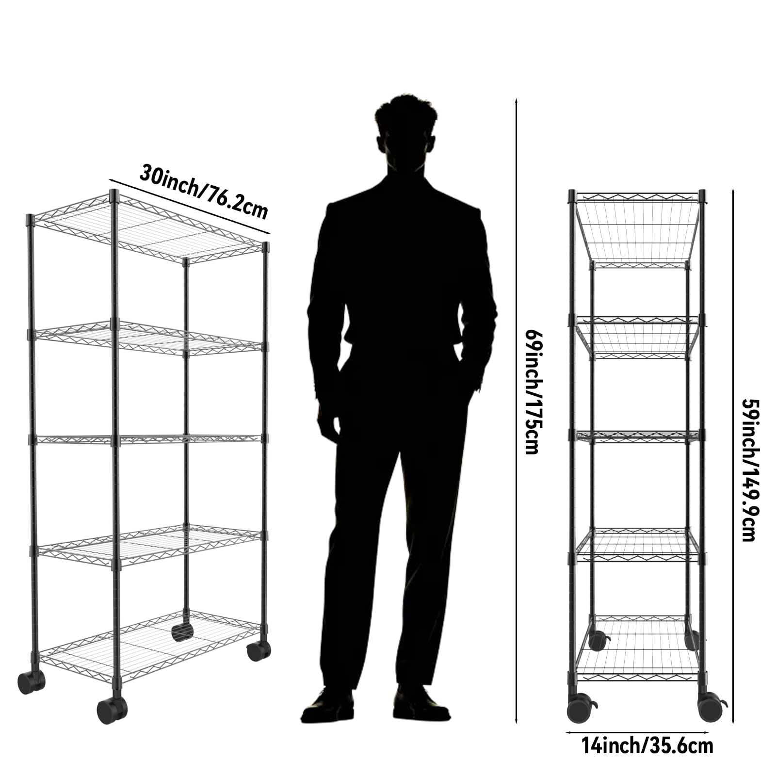 Whitmor 5 Tier Storage Shelves, Adjustable Metal Shelving with Wheels, 200 lbs Capacity per Shelf