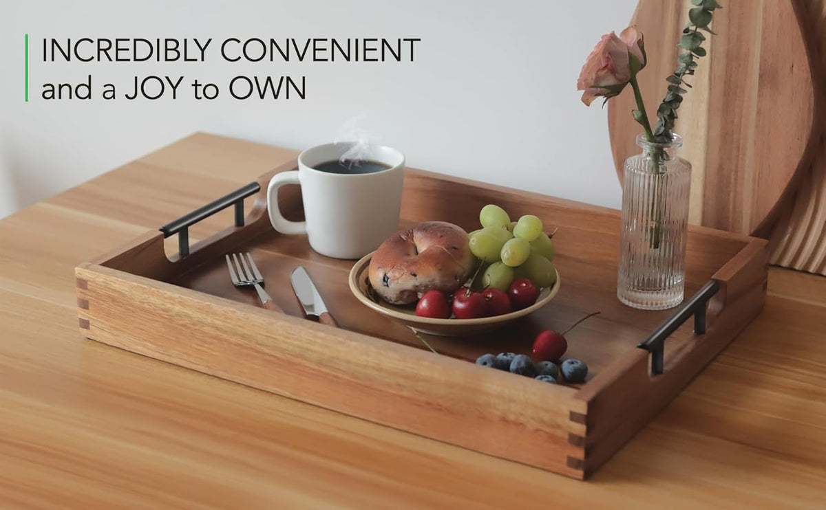 Joy&Grace Ottoman Tray for Living Room 16.7 x 12.8 inch Large Acacia Wooden Serving Tray with