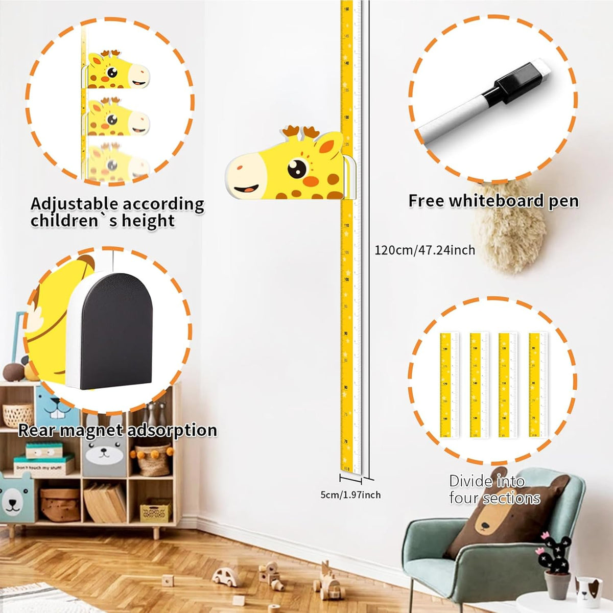 Kids Growth Chart Height Measure Wall Decal Animal Alphabet Stickers Giraffe Design Removable Wall