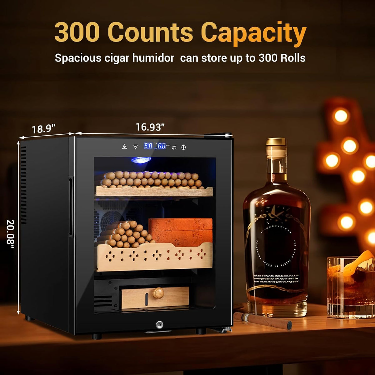 Electric Humidor for Cigars, 50L 300 Counts Large Capacity, Thermostatic Electric Cigar Cooler