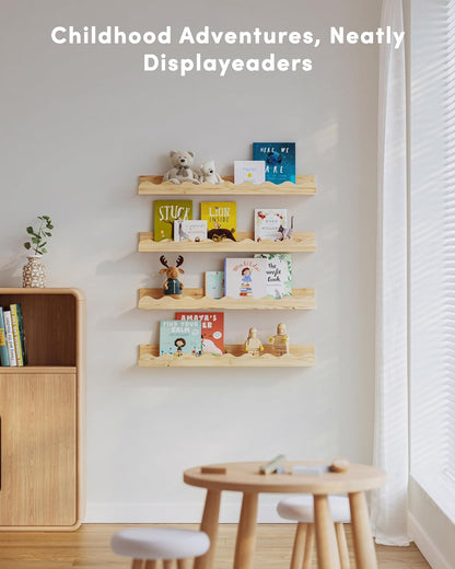 Kids' Bookshelf Set of 4 - Wood Floating Nursery Book Shelves, Picture Ledge Shelf for Wall Decor