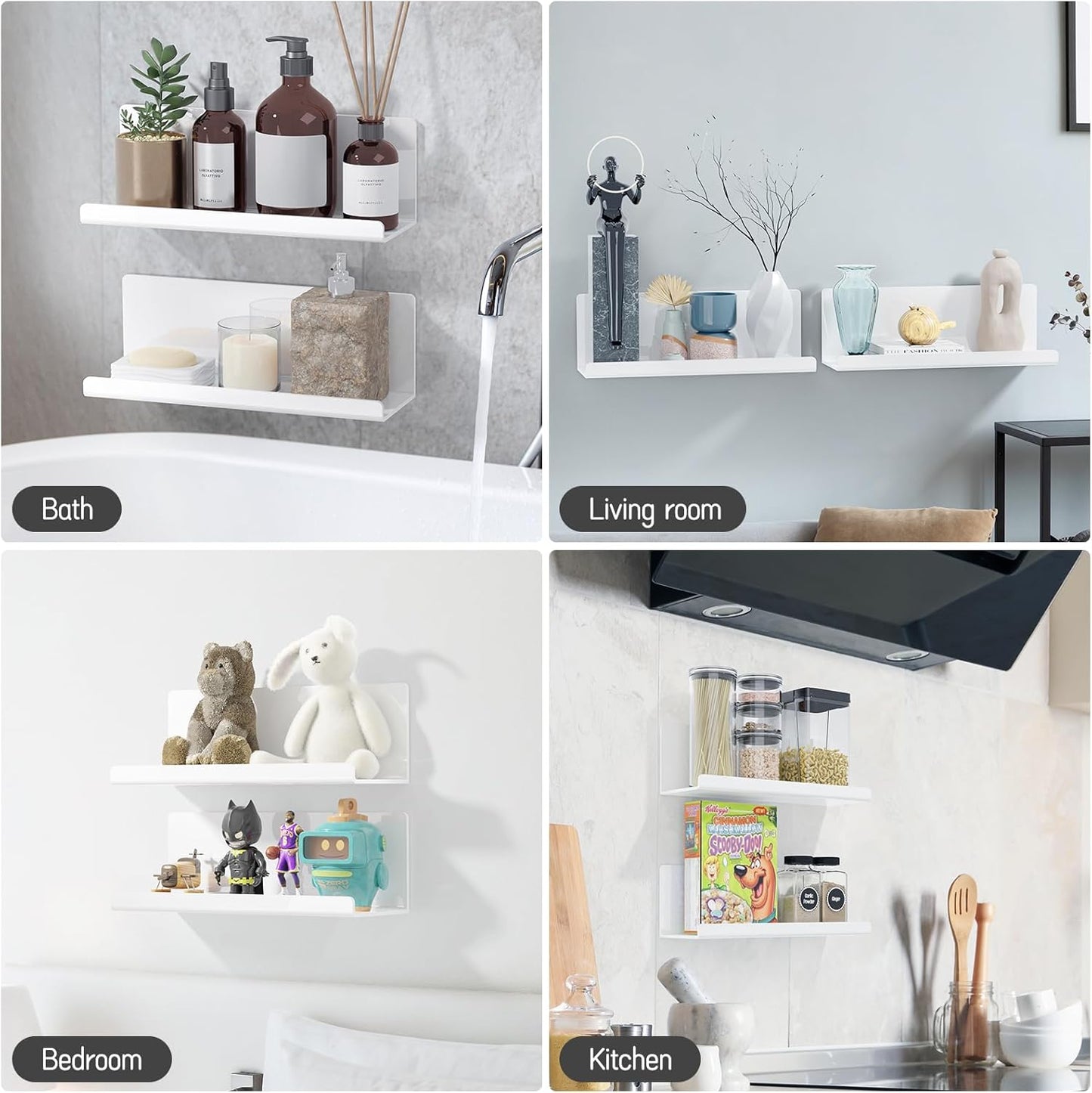 Acrylic Wall Floating Shelves Set of 2, Wall Shelves White 12 Inch Adhesive Wall Organizer Adhesive