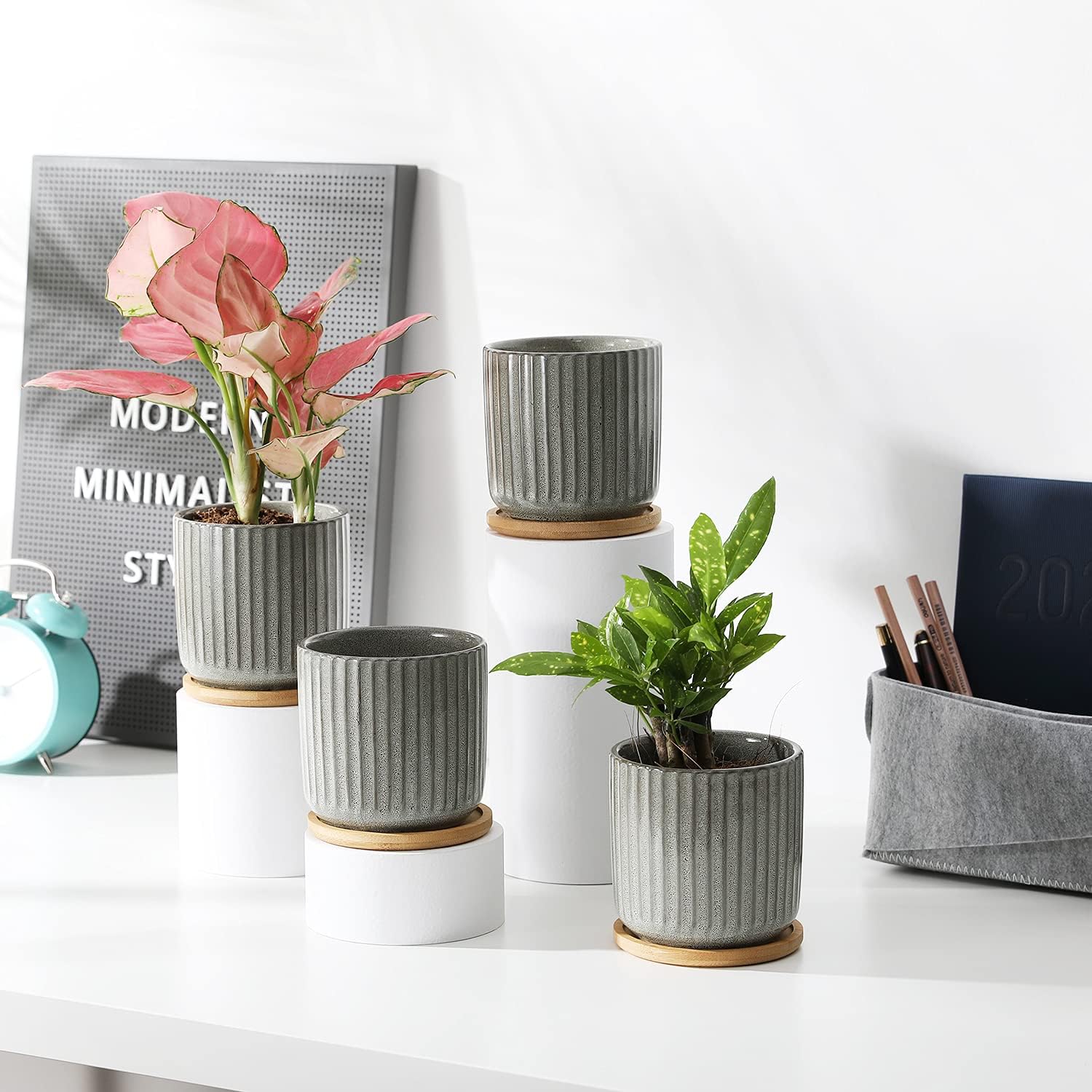 TAMAYKIM 4 Inch Cylinder Ceramic Plant Pots with Drainage Holes & Saucers, Glazed Green Grey Small