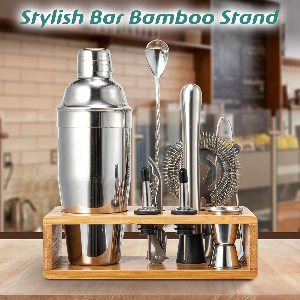 Cocktail Shaker Set, Mixology Bartender Kit 10-Piece Bar Tool Set with Stylish Bamboo Stand, Bar