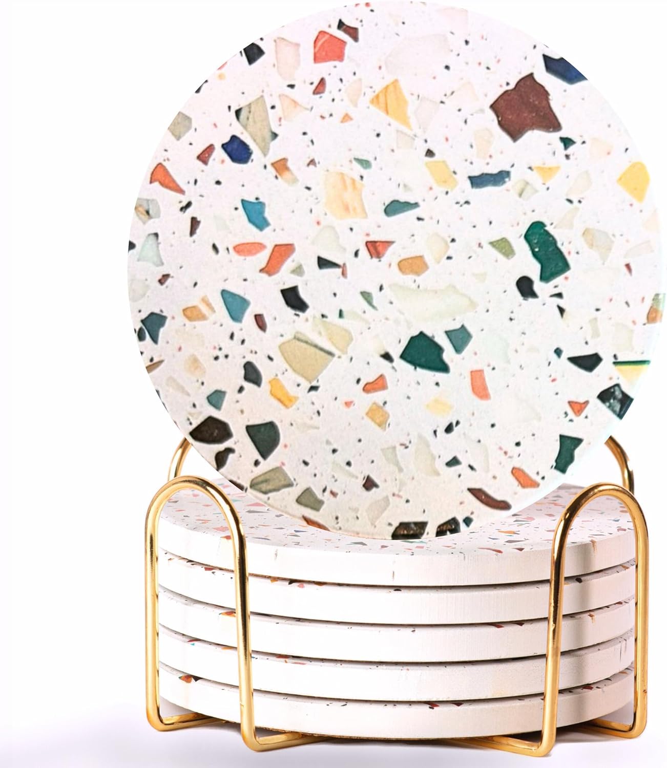 Terrazzo Drink Absorbent Coasters with Holder Set of 6, Ceramic Coaster for Drinks, Coffee Table