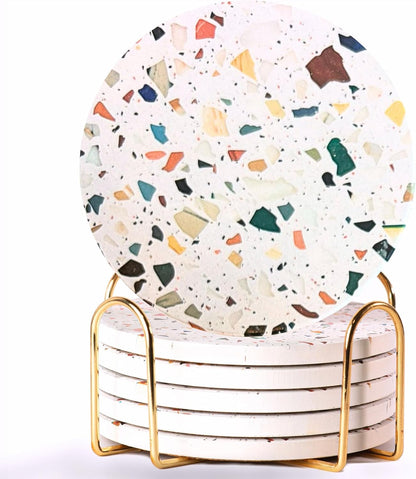 Terrazzo Drink Absorbent Coasters with Holder Set of 6, Ceramic Coaster for Drinks, Coffee Table