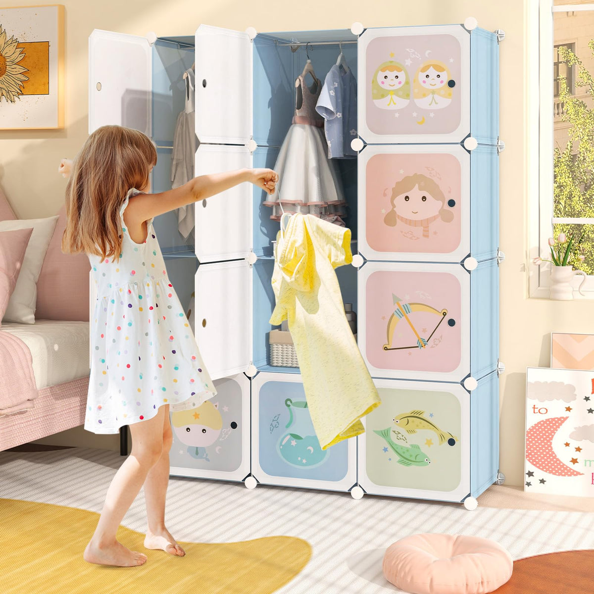 INFANS Children Wardrobe, Kid Closet Portable Baby Dresser Cute for Kids Bedroom Nursery Armoire