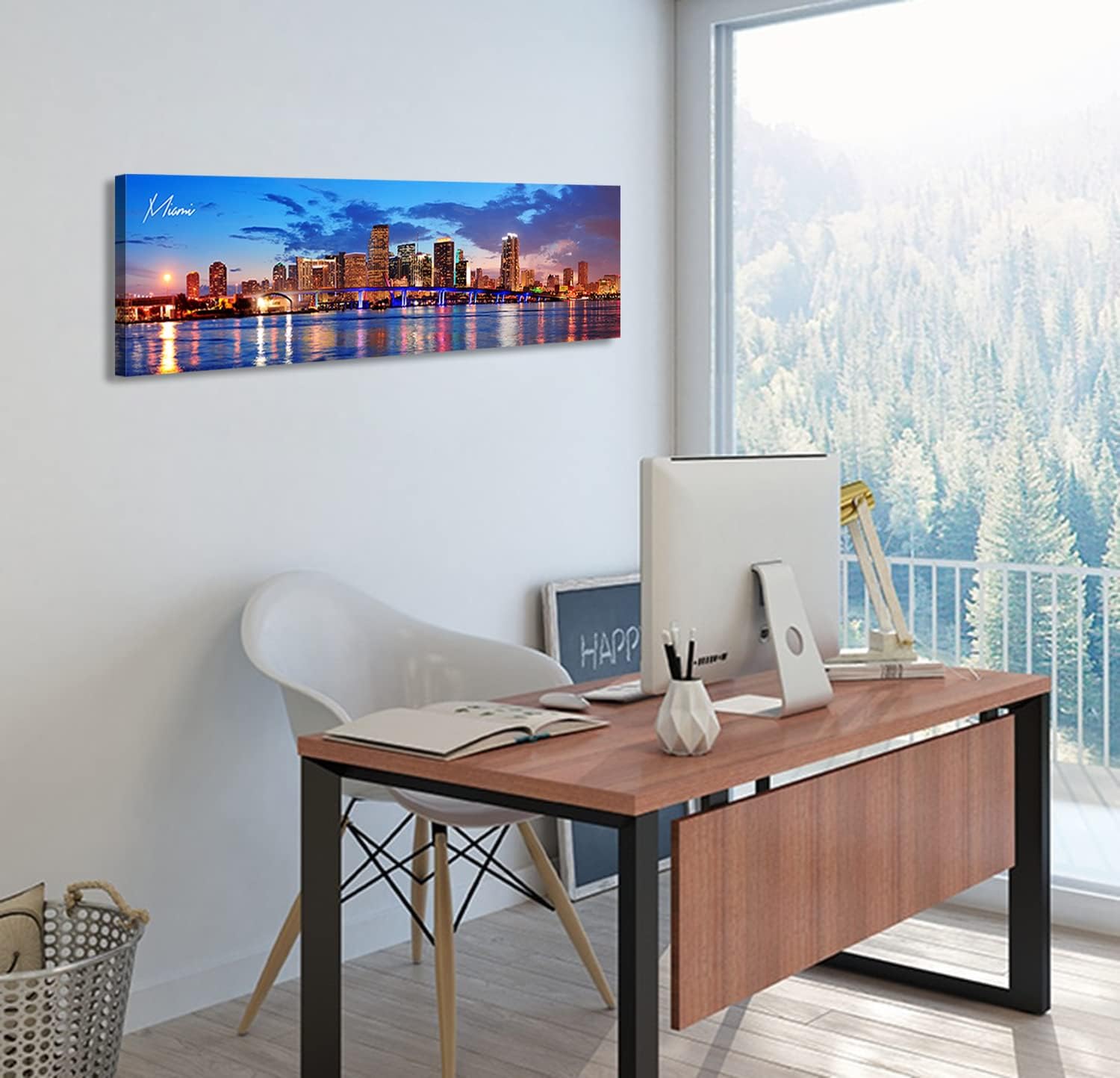 Office Wall Decor Miami Skyline Wall Art Panoramic Cityscape Picture Modern USA City Night View