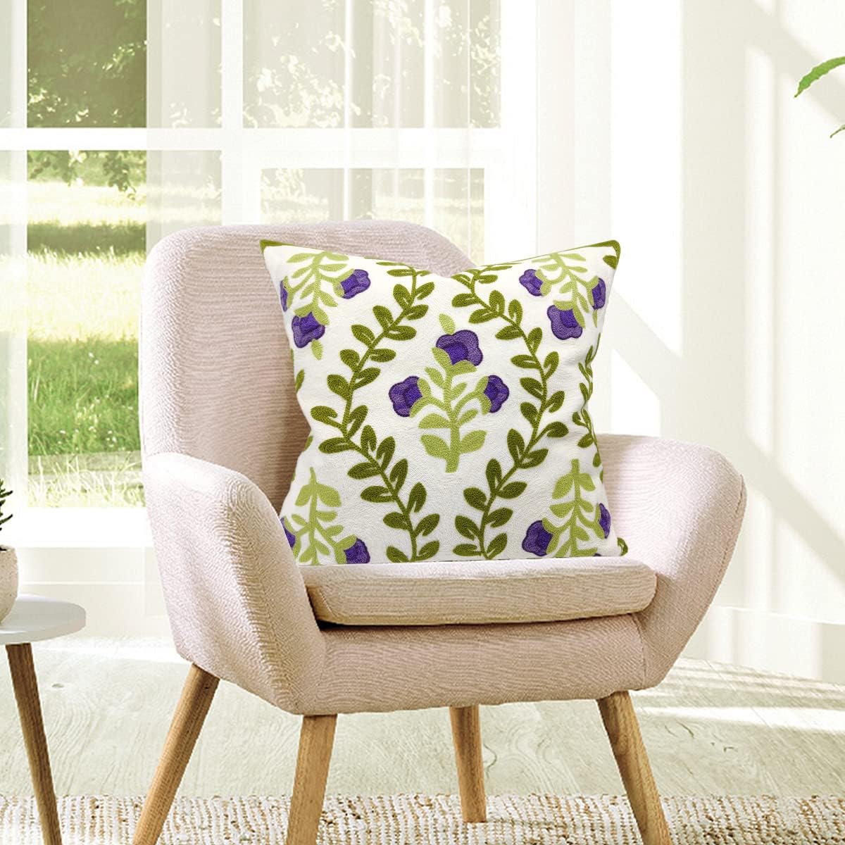 Alysheer Floral Embroidered Spring Decorative Throw Pillow Cover 18"x 18", Farmhouse Cottage Purple