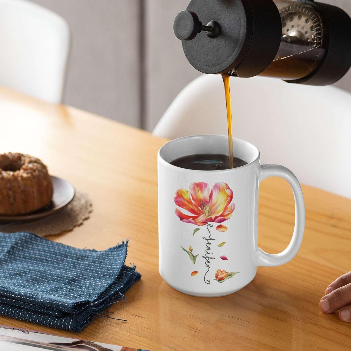 Personalized Flower Blossom Decorative Mug, Custom Name On Flower Coffee Cup, Novelty Floral Accent