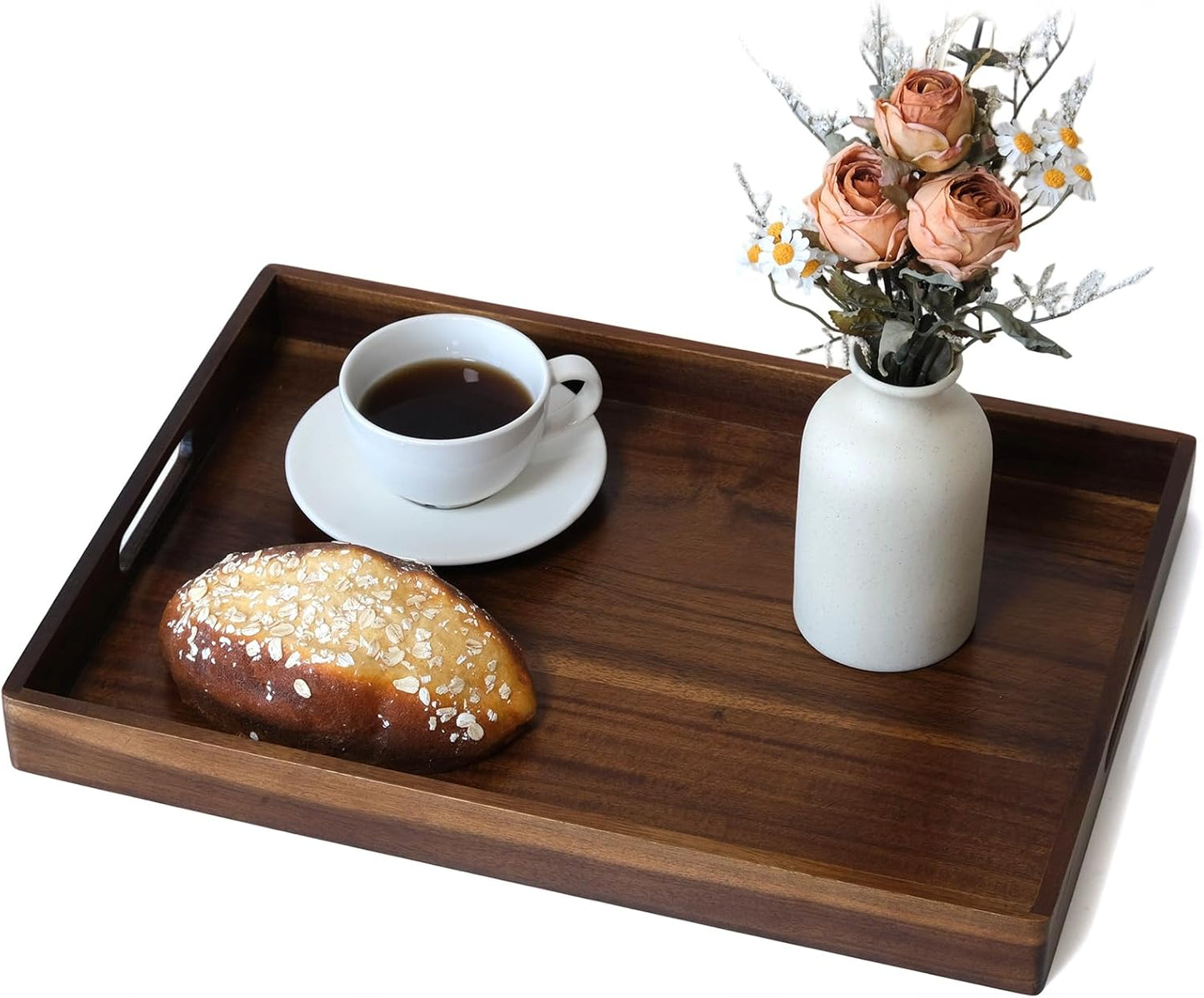 Acacia Wood Serving Tray with Handles, 17 Inch Wooden Tray for Ottoman, Breakfast, Lunch, Dinner