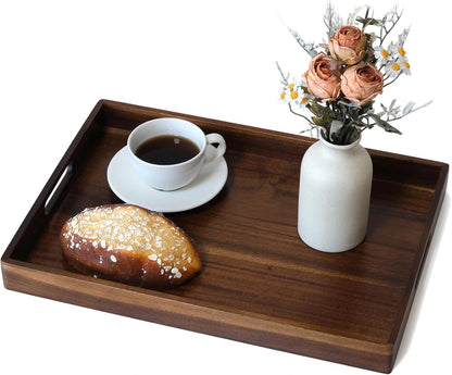 Acacia Wood Serving Tray with Handles, 17 Inch Wooden Tray for Ottoman, Breakfast, Lunch, Dinner