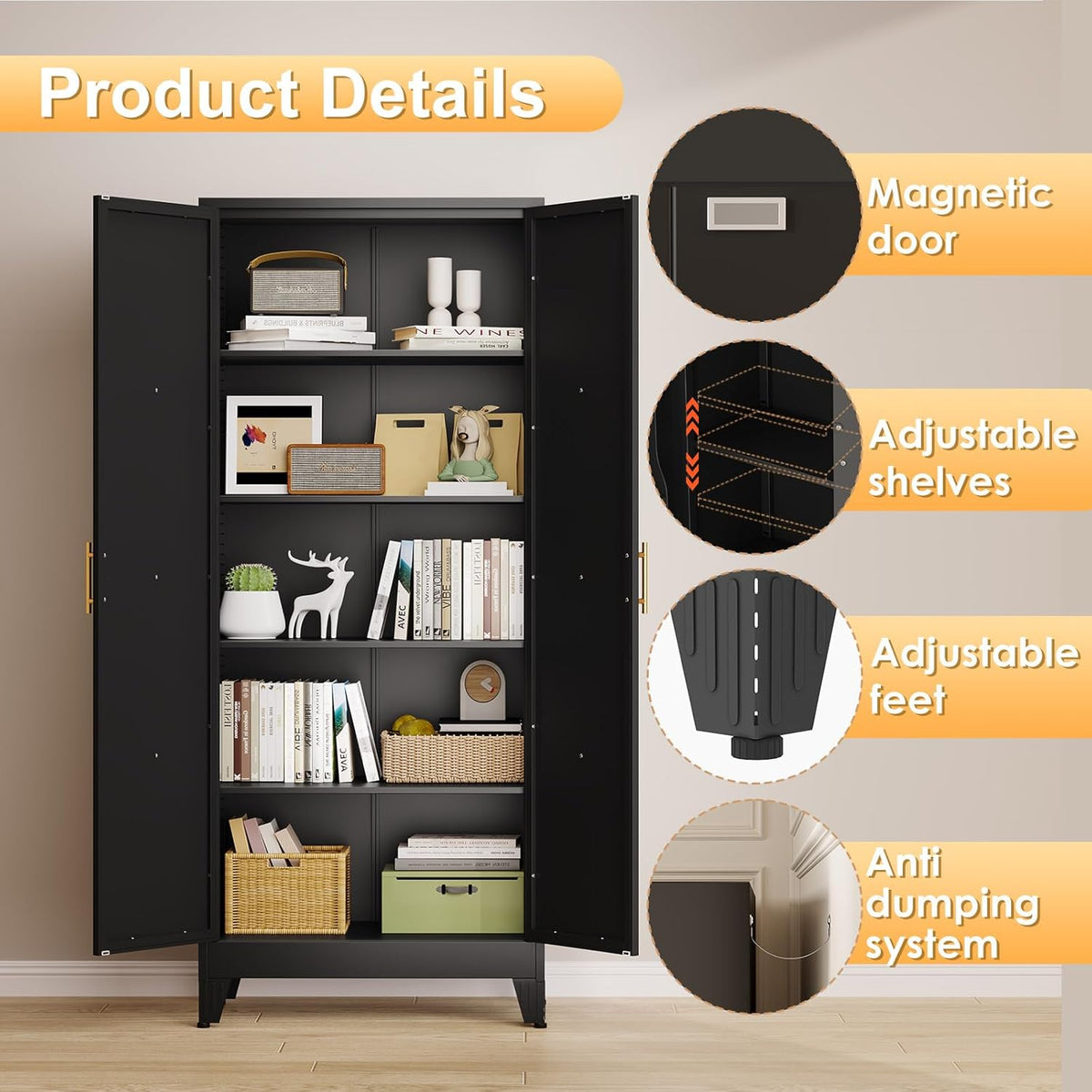 71" H Metal Kitchen Pantry Storage Cabinet, Freestanding Cupboard with 2 Doors and 4 Adjustable