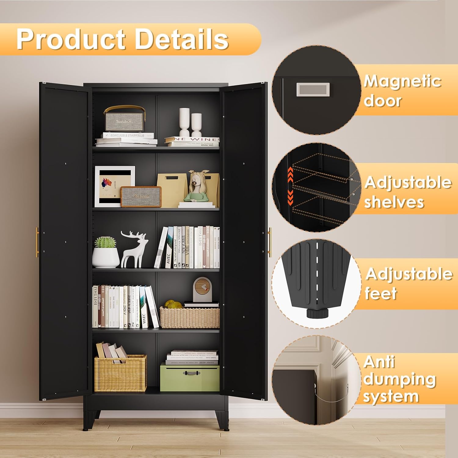 71" H Metal Kitchen Pantry Storage Cabinet, Freestanding Cupboard with 2 Doors and 4 Adjustable