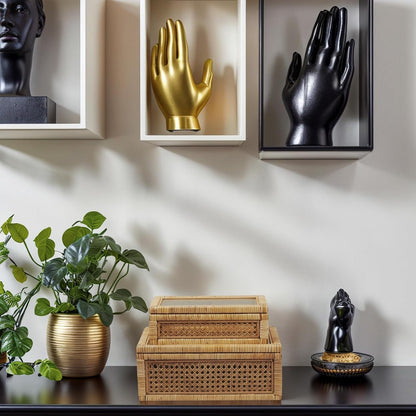 Rattan Box for Home Decor with Lid - Rectangular Coastal Bohemian Style Stackable Decorative