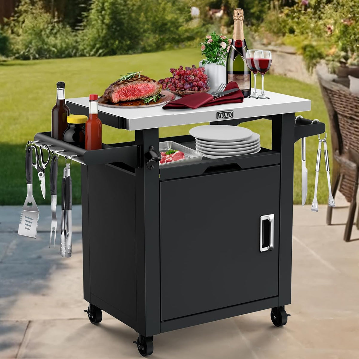 NUUK Grill Carts Outdoor with Enclosed Cabinet and Storage Drawer, Portable Patio Bar Cart with