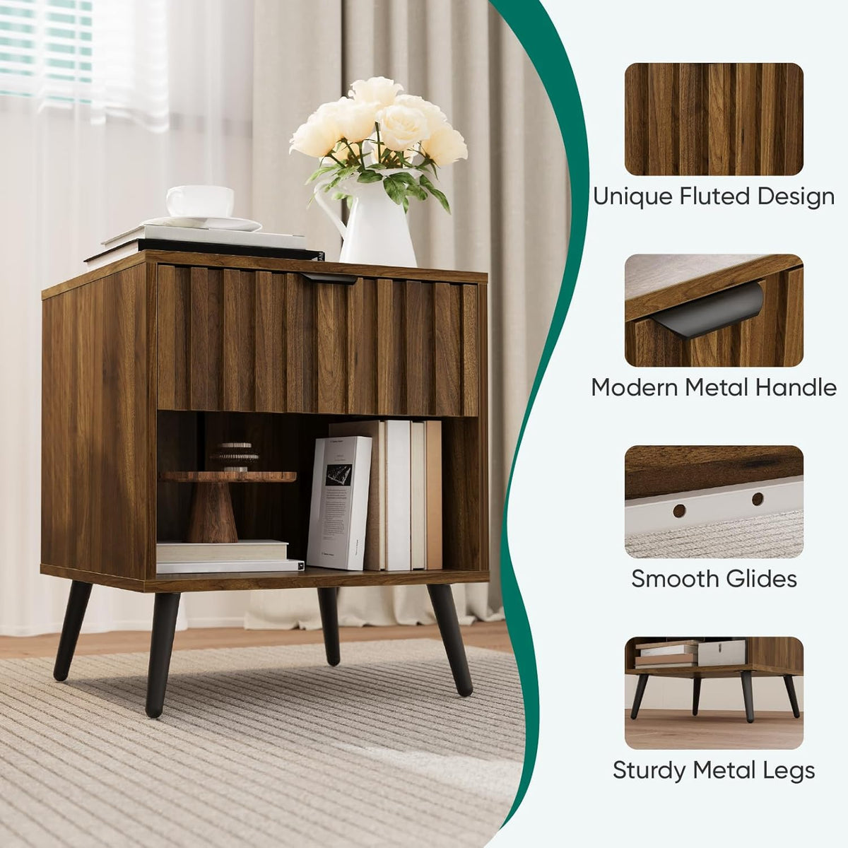 Smuxee Walnut Wooden Night Stand, Mid Century Nightstand with Fluted Drawer, Bedside Table with