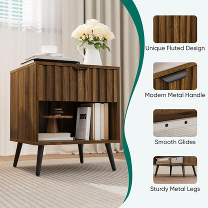 Smuxee Walnut Wooden Night Stand, Mid Century Nightstand with Fluted Drawer, Bedside Table with