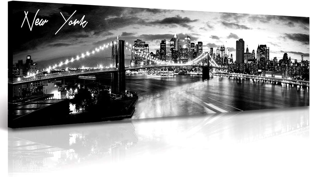 DJSYLIFE New York Skyline Wall Art - Brooklyn Bridge Night View - Black and White Nyc City Pictures