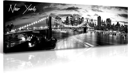 DJSYLIFE New York Skyline Wall Art - Brooklyn Bridge Night View - Black and White Nyc City Pictures
