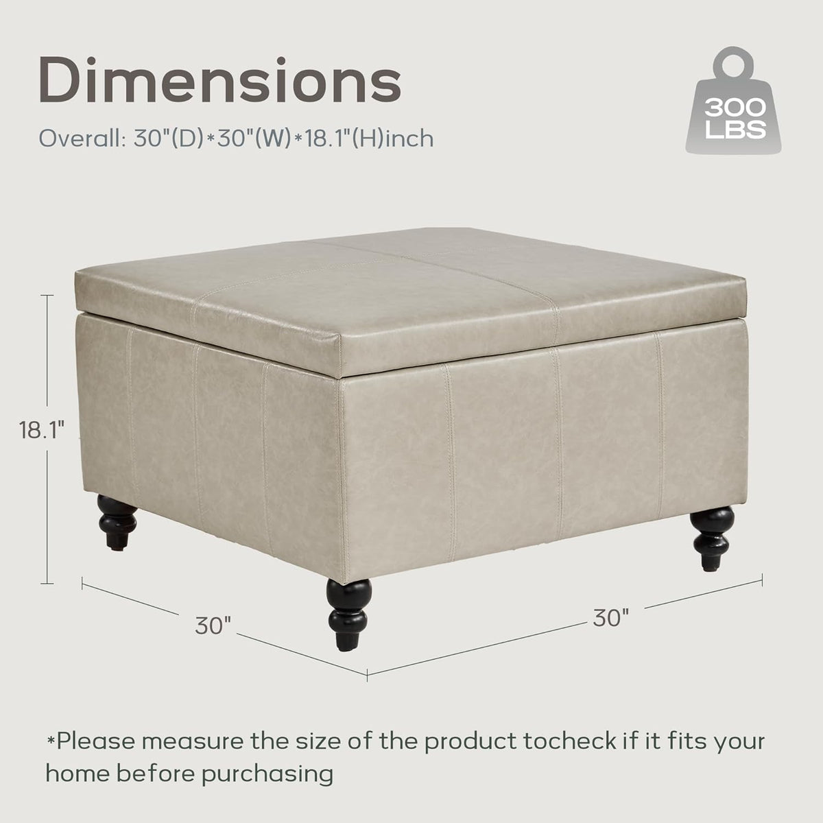 HUIMO Square Storage Ottoman, Tufted Leather Ottoman for Living Room (Khaki)