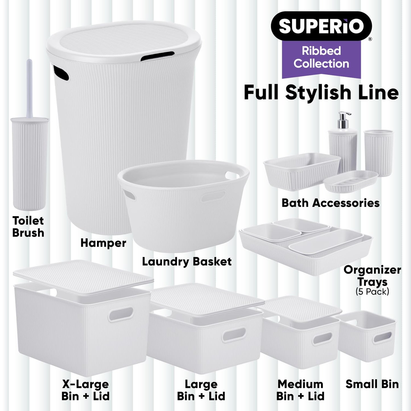 Superio Ribbed Collection - Decorative Plastic Basket Open Home Storage Bins Organizer, Medium
