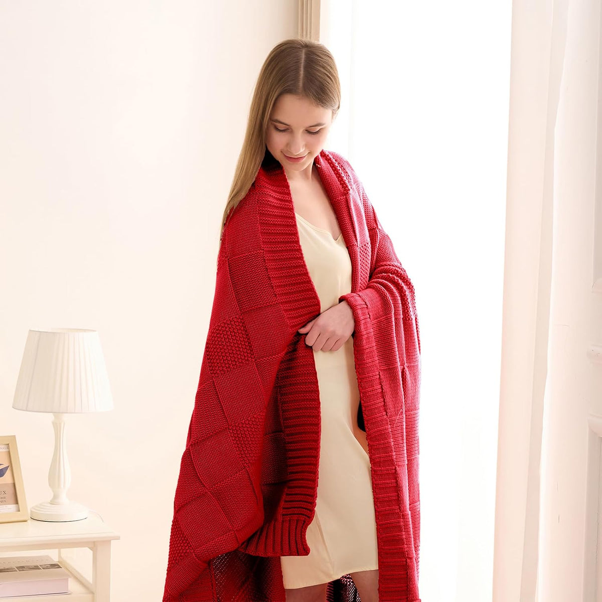 CozeCube Knit Throw Blanket,Christmas Red Checkered Bedroom Blanket for Couch,Soft Cozy Warm